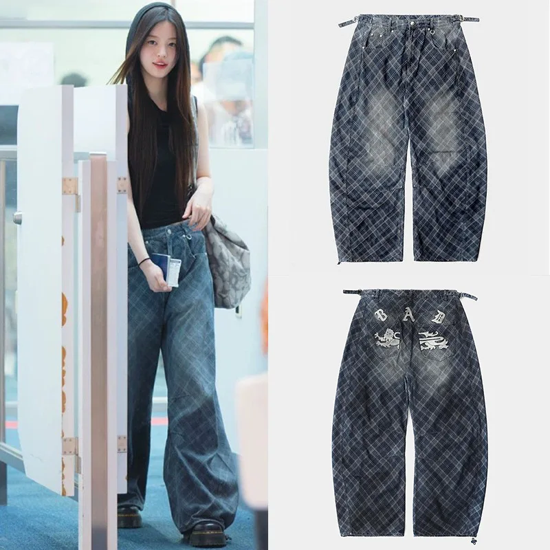 Badblood bcac check pattern jeans - women's casual loose wide-leg pants