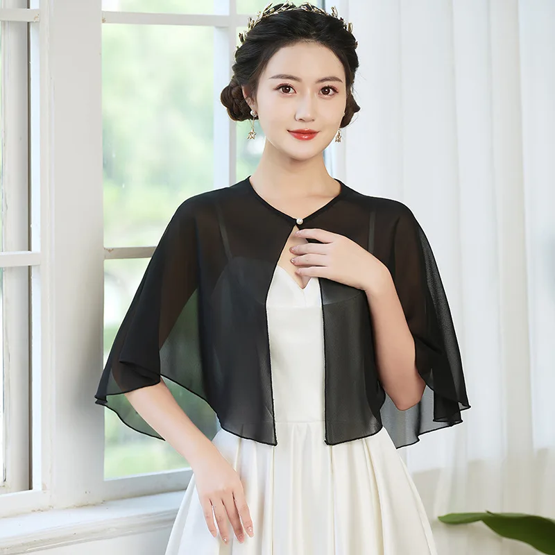 Korean Chiffon Pearl Sunscreen Shawl Women Sun Protection Cardigan Spring Summer Thin Short Air-Conditioning Cape Lace Cloak
