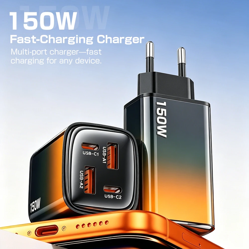 Total 150W USB Type C Charger QC3.0 Fast Charging Mobile Phone Charger Travel Adapter For iPhone 17 16 Samsung Xiaomi EU/US Plug