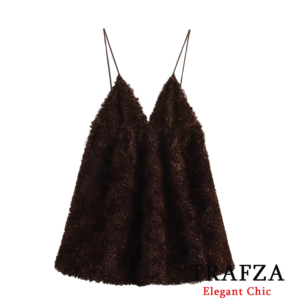 TRAFZA-Women Hot-Sexy Fluffy Mesh Dress Shirring Suspender Mini Dress New 2025 Fashion Spring Summer Slim NightClub Date Dress