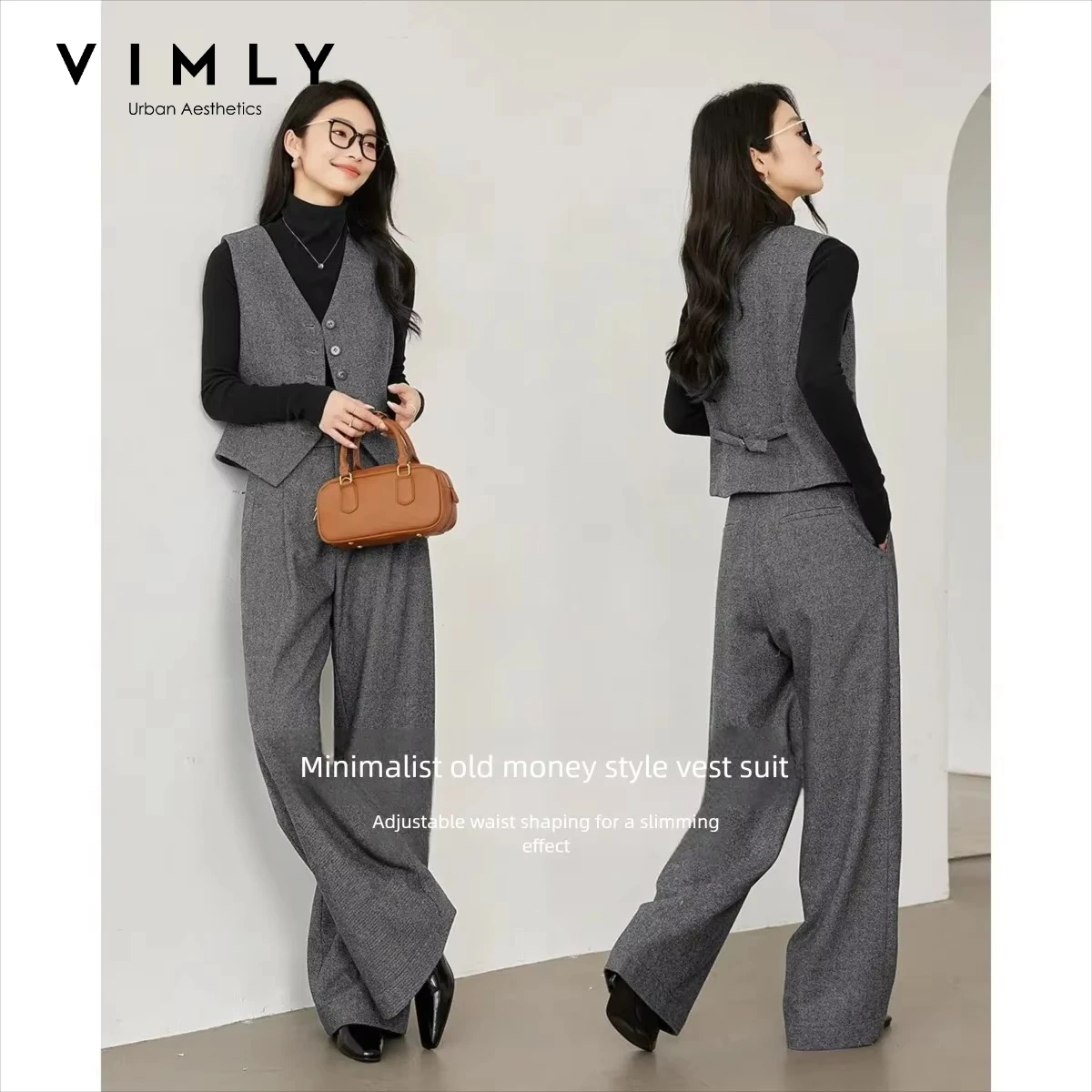 VIMLY Women's Two-piece Set Dark Grey Old Money Style Vest & Pants 2026 Fall Winter New Elegant Office Lady Casual Outfit M9252