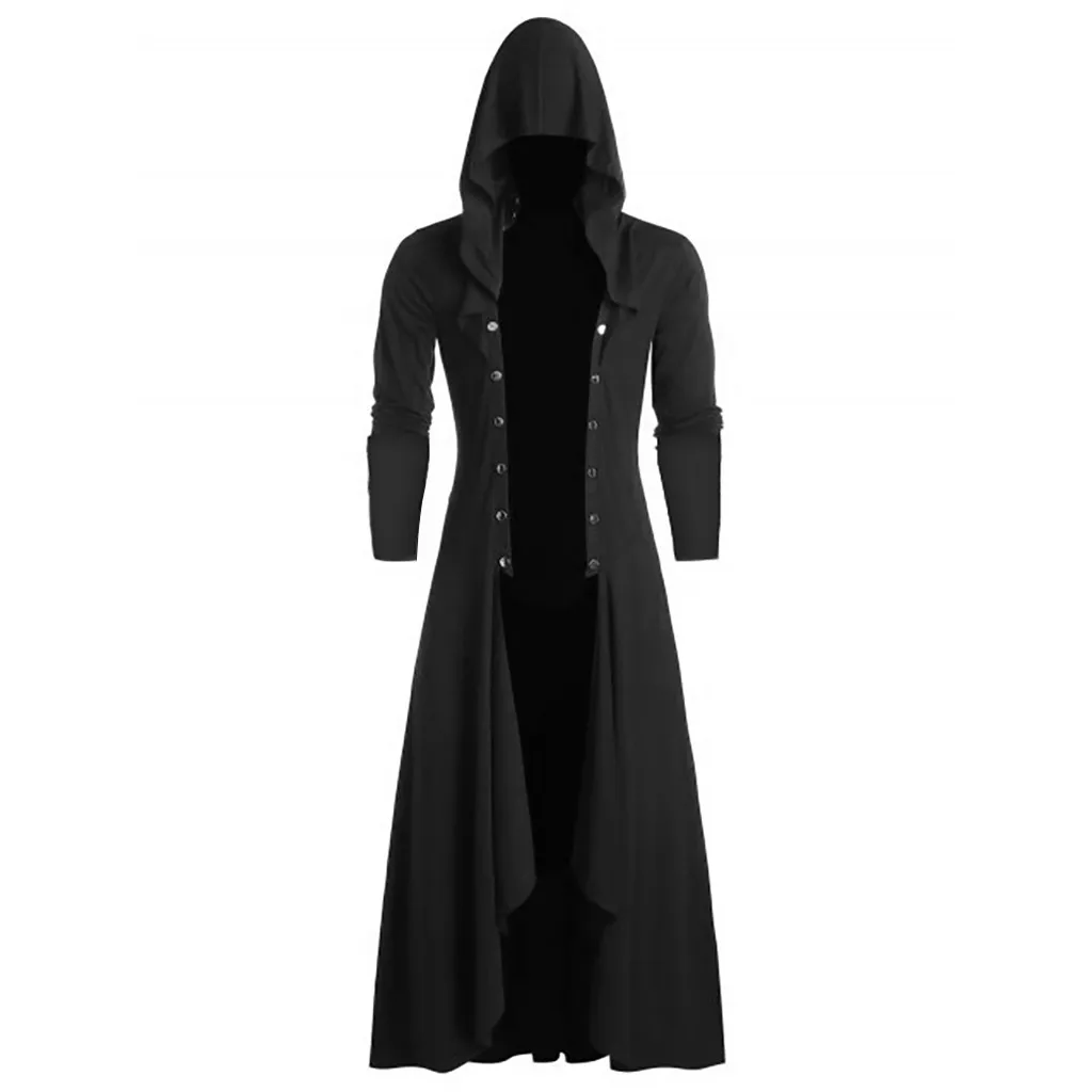 

Men Hooded Cloak Retro Steampunk Gothic Long Trench Coat Medieval Double Breasted Irregular Tailcoat Halloween Costume Jackets