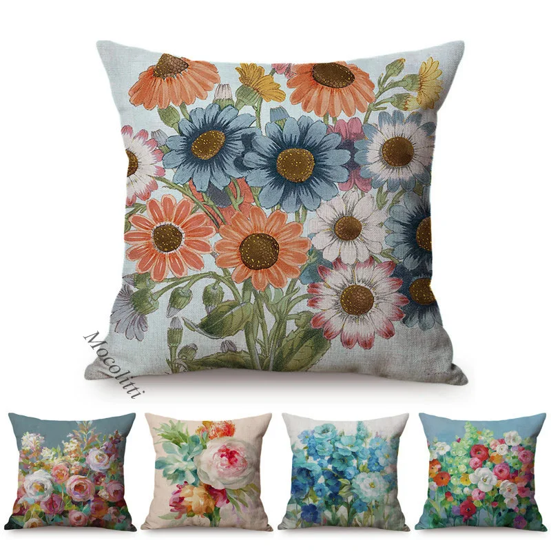 Fresh Midsummer Garden Bouquet Pattern Design Sofa Decorative Throw Pillow Case Color Flower Cotton Linen Cushion Cover cojines