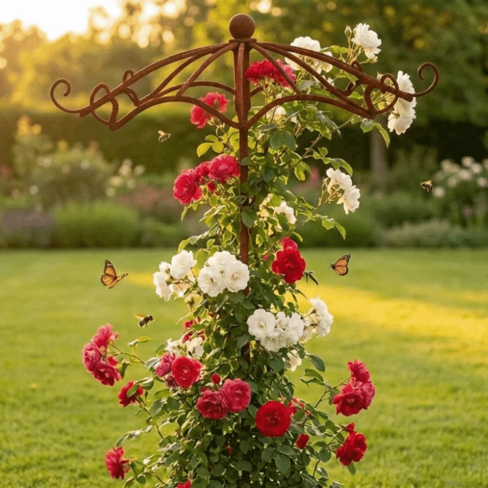 Retro Rusted Umbrella Shape Plant Support Pile Prevent Tipping Over Detachable Bonsai Fixing Rod Weather-Resistant Iron