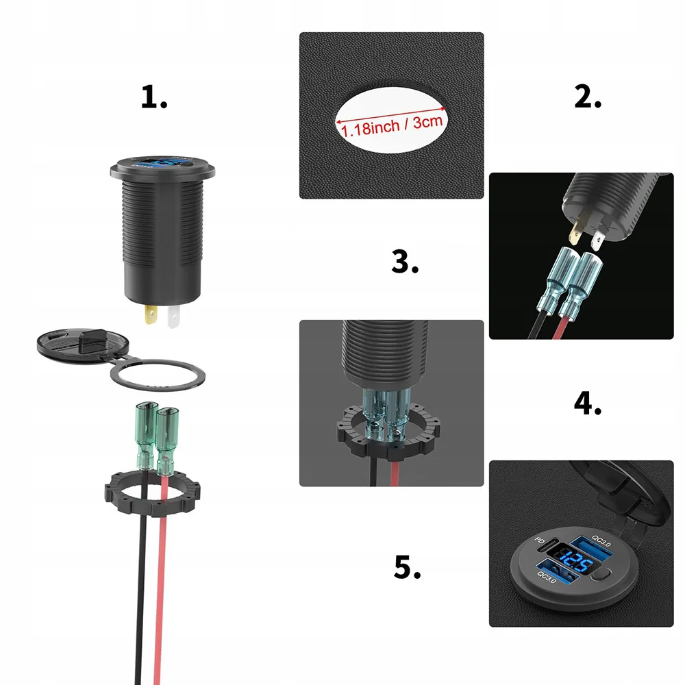 12V USB-Steckdose mit Dual-USB Quick Charge 3.0 Anschluss & PD USB-C Autoladegerät mit Voltmeter und Schalter für Auto, Boot, Marine, LKW – Detail 9
