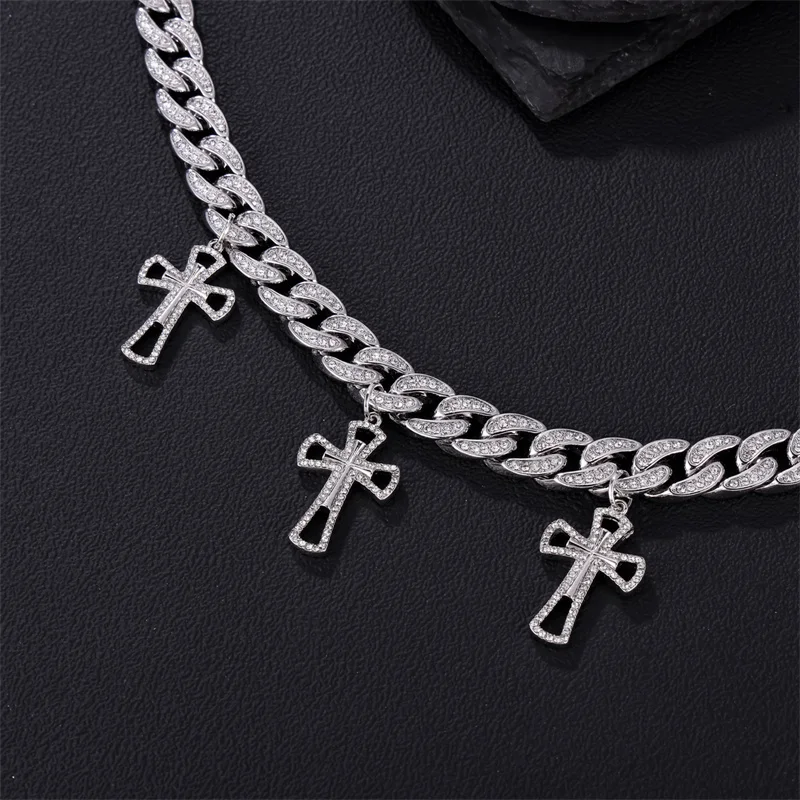 Hip Hop Bling 13MM Cross Pendant Miami Cuban Chain Necklace Iced Out Zircon Paved Necklaces For Men Women Jewelry