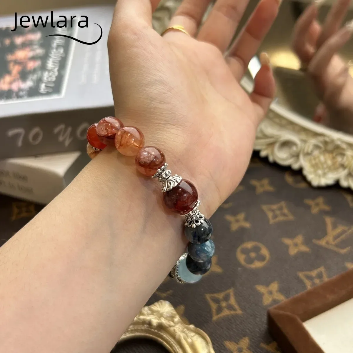 JEWLARA Jewelry Natural Red Glue Flower Blue Crystal Stone Crystal Bracelet, Versatile Design Bracelet DIY Design
