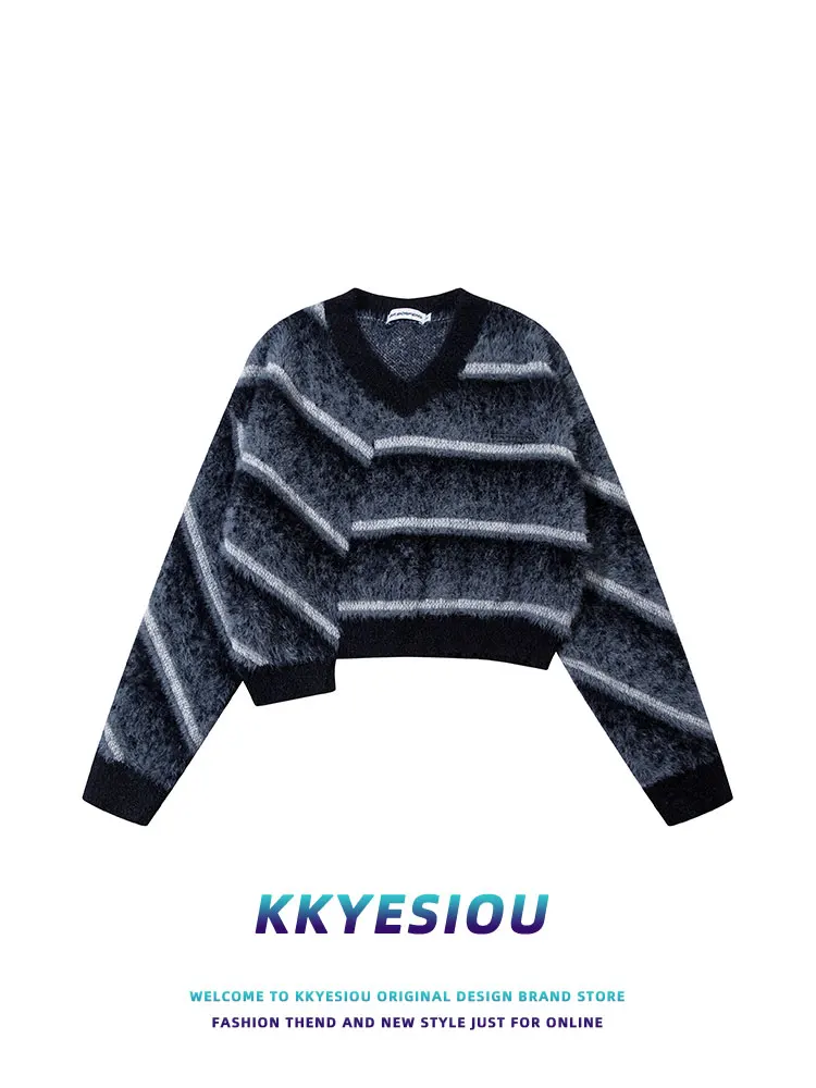 

KKyesiou American Retro Striped ort Knitted Sweater High Waist V-ne Women's Warm Faionable Autumn Winter Outerwear