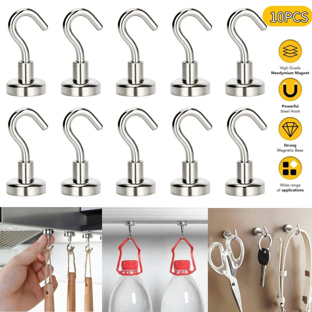 

10Pcs Magnetic Hooks Wall-mounted Heavy Duty Earth Magnets with Hook Extra Strong Cruise Hook for Indoor Outdoor Fridge Kitchen