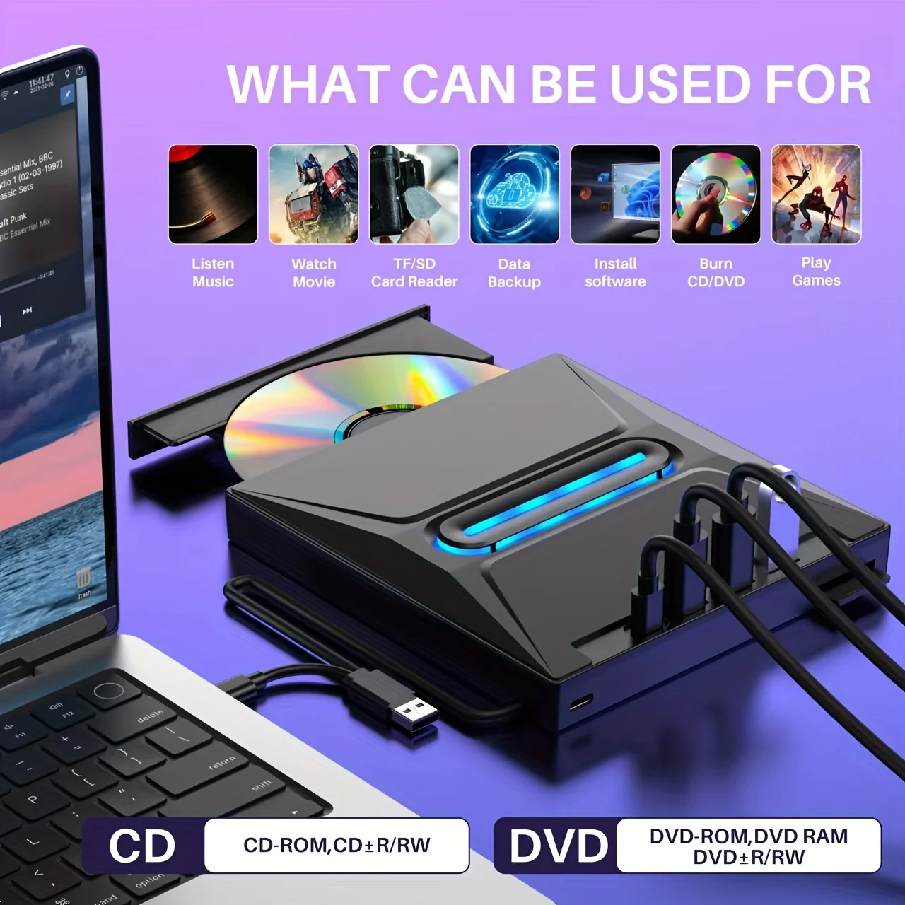 Новый светящийся внешний CD-DVD-привод 3 USB 3.0, портативный концентратор для CD/DVD+/-RW/DVD-плеера типа C со считывателем SD-карт, записывающее устройство для компакт-дисков и ПЗУ