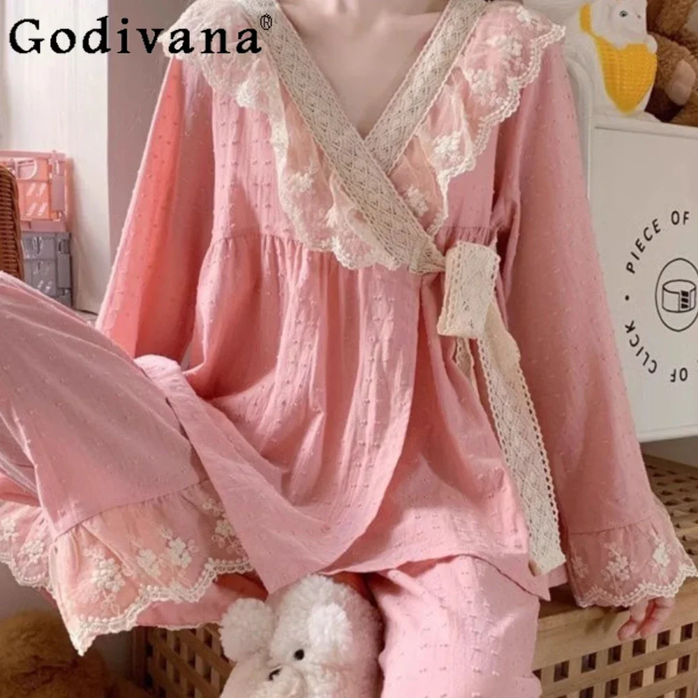 Japanese Sexy Sleepwear Women Spring Autumn 2024 New Princess Nightgowns Court Style Lace Pyjamas Pajamas Set