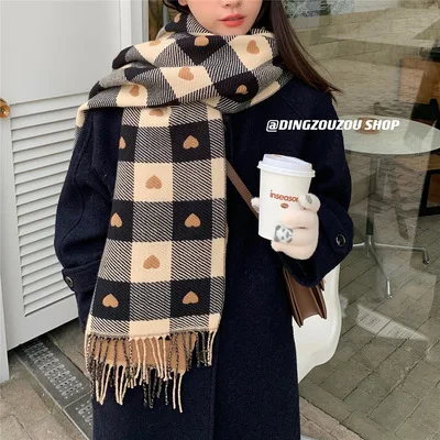 Love Heart Scarf Cashmere Winter Scarf Black White Plaid Scarf Thickened Warm Winter Women's Scarves Christmas New Year Gifts