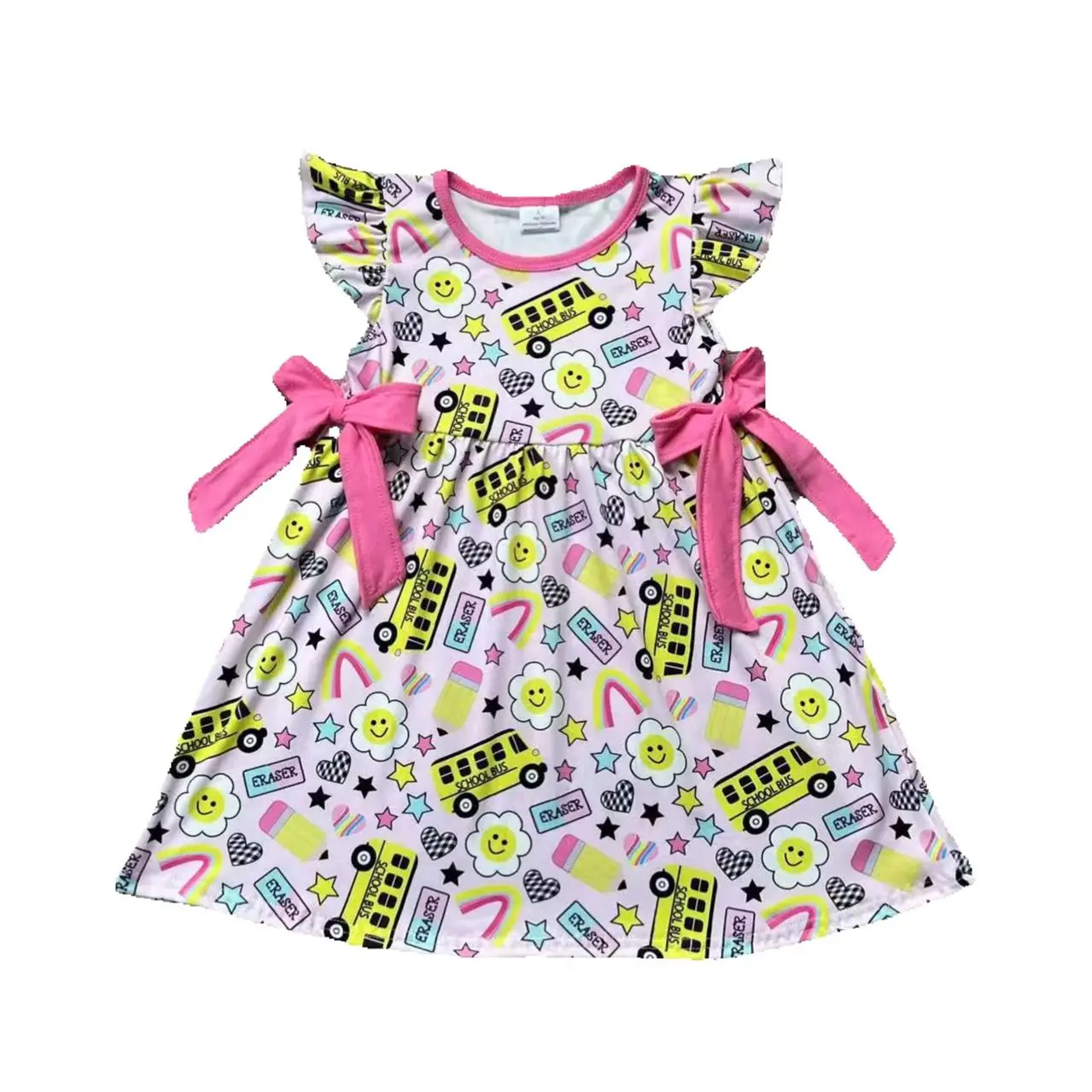 GSD1822 pre-order toddler clothes bus baby girl back to school day summer dress-real pic