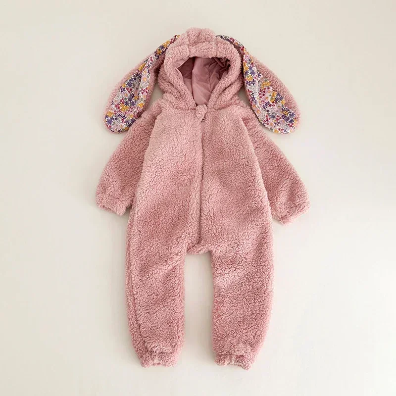 2024 Warm Fleece Baby Rabbit Romper for Winter Autumn Cute Long Sleeve Hooded Onepiece Pajamas Toddler Homewear Clothes