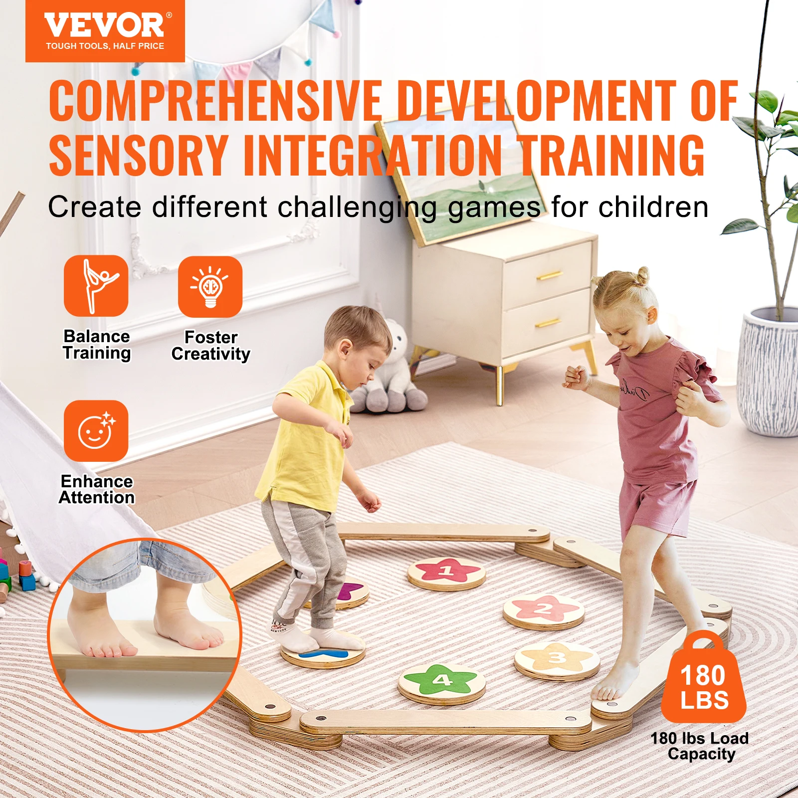 VEVOR 6PCS Kids Balance Beam Stepping Stones Wooden Toddler Balance Boards Indoor/Outdoor Montessori Toy for Children 2-6 Gift