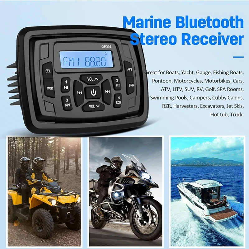 Marine Stereo Boat Radio Waterproof Bluetooth FM AM Digital Media Audio Player For Yacht Gauge ATV UTV Cart Motorcycle