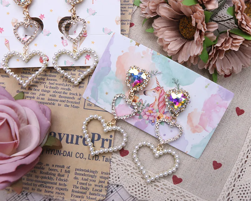 لينة الفتيات أقراط مقاطع/الإبر لوليتا اكسسوارات اللؤلؤ الحب حجر الراين أقراط 925 الفضة إبرة قرط كبس للنساء