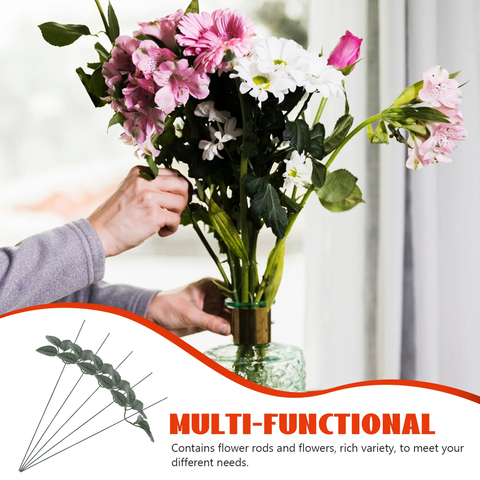 造花用ステムワイヤーキット、人工緑の葉付き、長い花茎、DIYフェイクフラワーアレンジメント、ブーケ用品、クラフト用