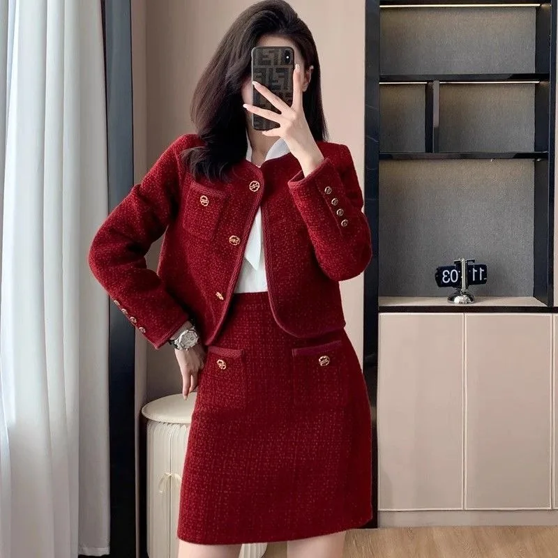 

Winter French Elegant Vintage Style Women Two Piece Set Slimming Red Korean Fashion Blazer and Skirt Set Casual Tweed Suit Set