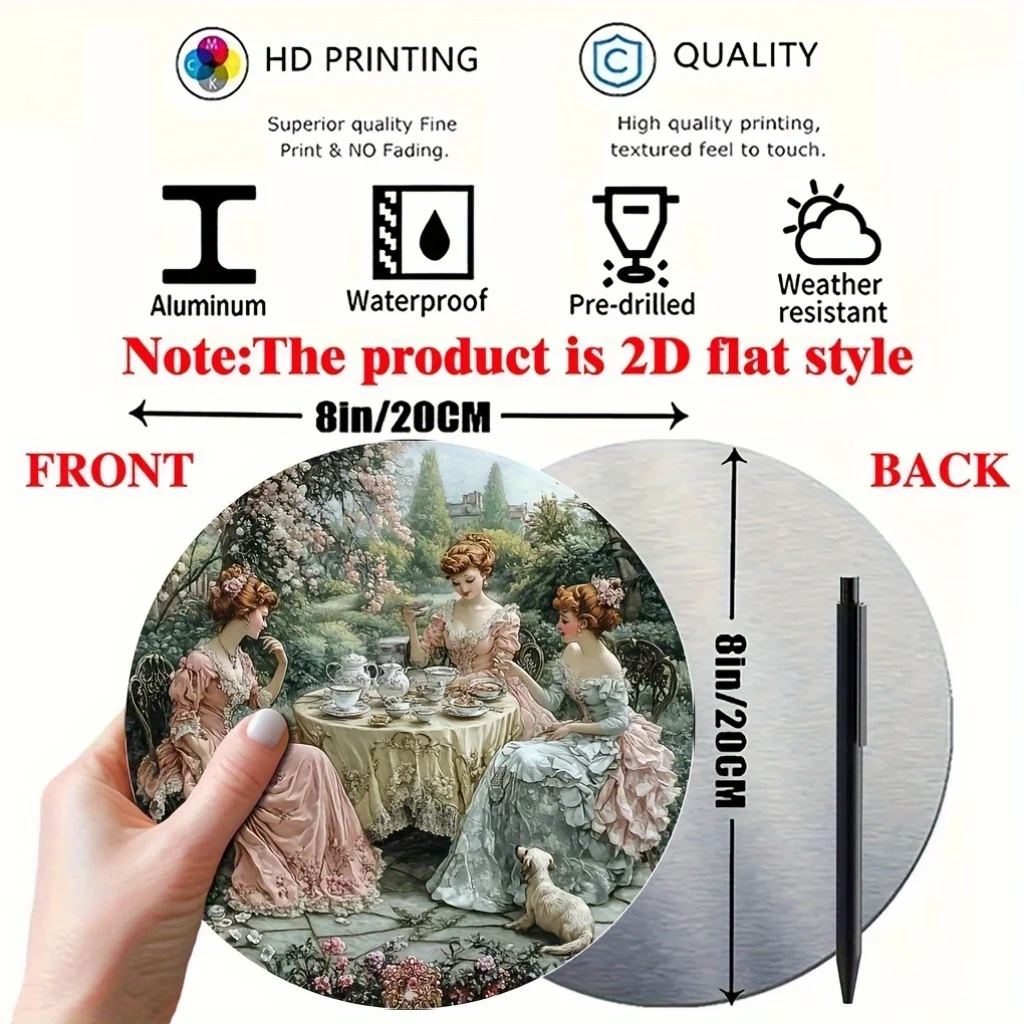 2D Flat - 1pc Vintage Victorian Tea Time Round Aluminum Wall Art - Personalized 2D Flat Metal Sign with Elegant Ladies in Period