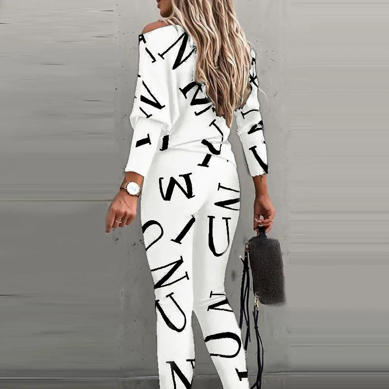 Spring New Style of Europe and the United States Women\'s Letters Printed Long-sleeved Trousers Casual Suit