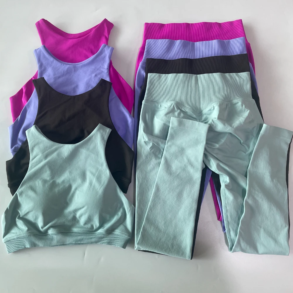 2 Piece Sets Women Racer Sports Bra High Waist Scrunch Bum Seam Yoga leggings Sports Suit Fitness Clothes Outfit Yoga Set
