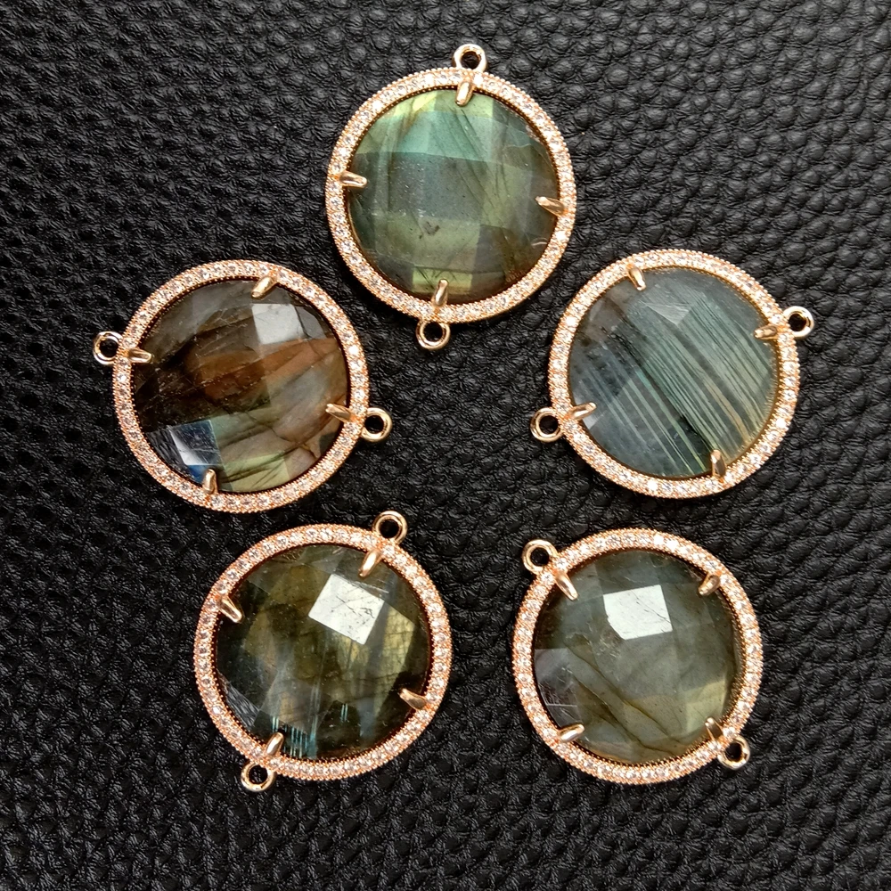 5 PCS 24mm Faceted coin Natural grey quartz CZ pave gold plated double bail  Connectors Coin Shape Pendant For DIY Jewelry