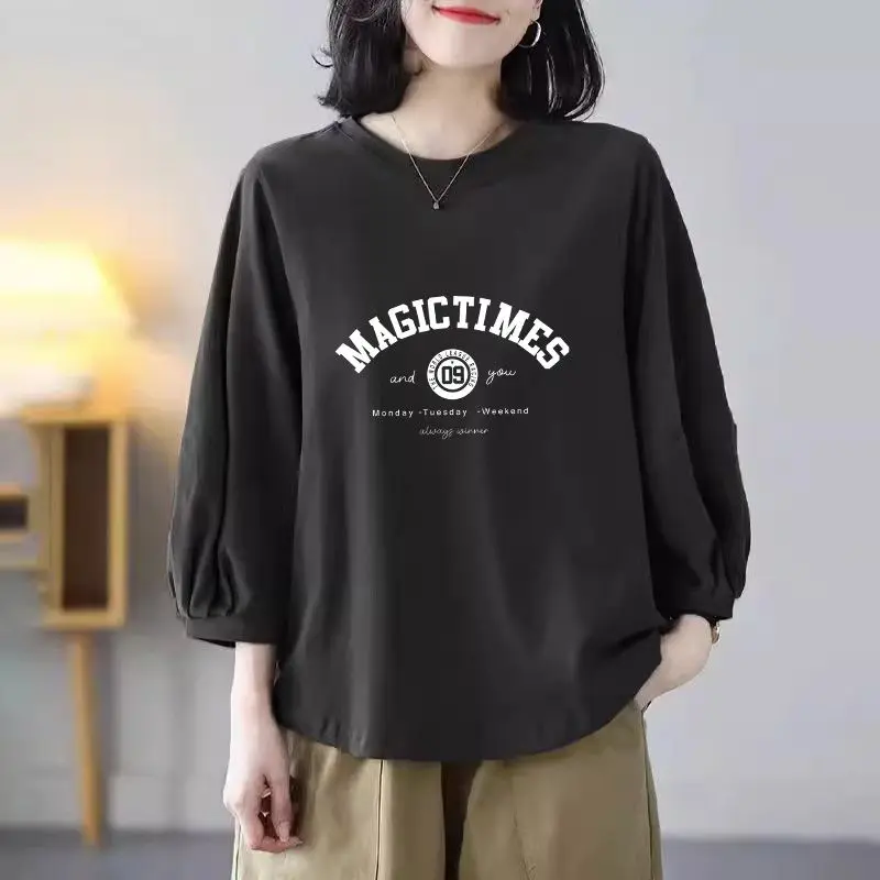 Women Trendy Letter Print Simple Casual All Match Basic T-shirt Y2K Vintage Lantern 3/4 Sleeve Loose Cotton Tops Ropa Para Mujer