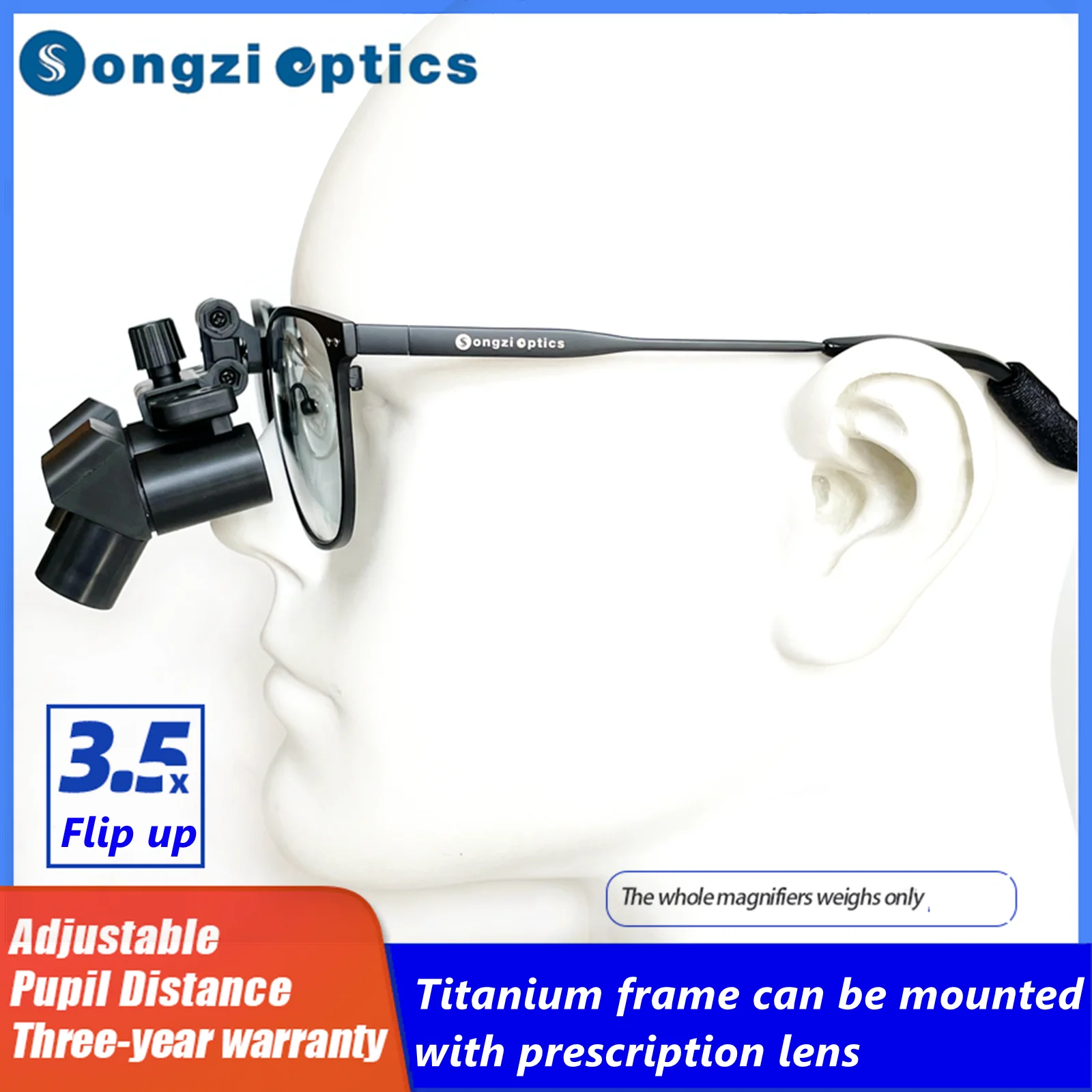 Songzi Optics 3.5X Ultra-light Ergonomic Dental Loupes Binocular Surgical Loupes  Titanium Frame