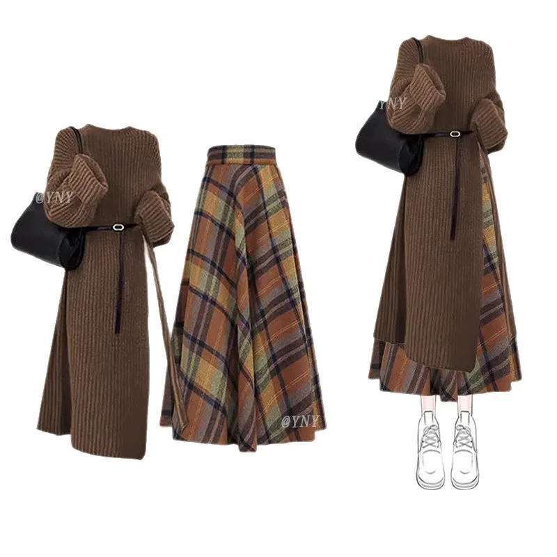 Conjunto informal para mujer, suéter de punto de estilo coreano, abrigo + media falda a cuadros, conjunto de dos piezas, Otoño/Invierno