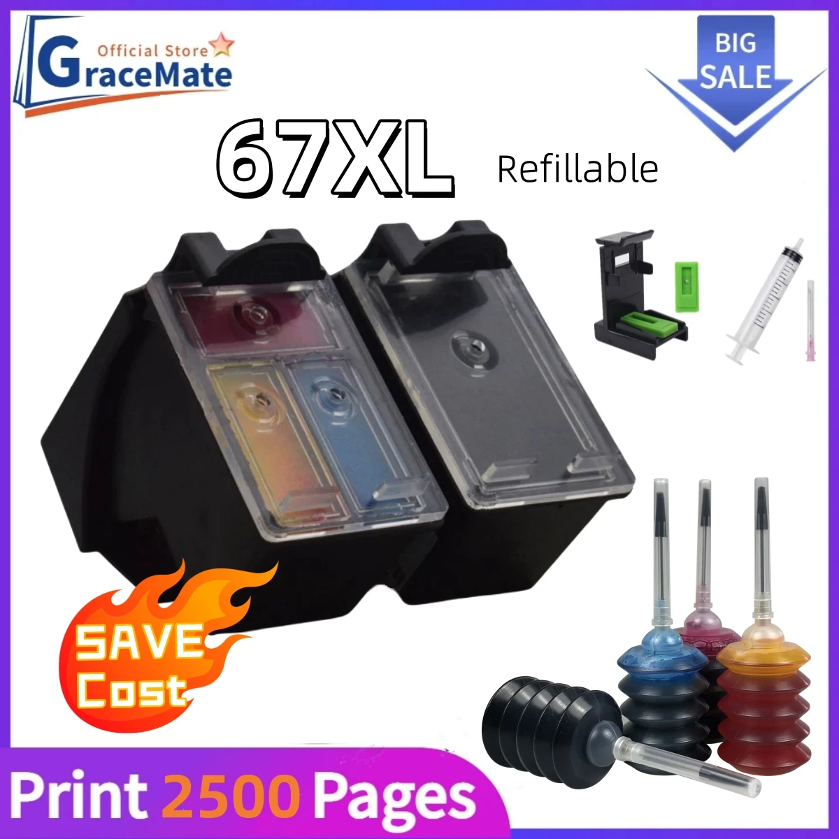 

67XL для ENVY 6010 6012 6020 6022 6030 6032 Deskjet 1255 2721 4120 4140 4158 Замена картриджа принтера для HP 67 XL hp67