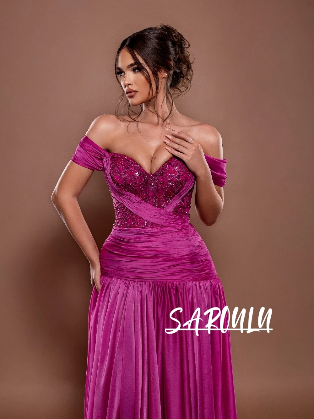 

Новое поступление, вечернее платье с открытыми плечами, расшитое бисером и блестками, трапециевидное шифоновое платье с рюшами для выпускного вечера, изящная коктейльная женская одежда по индивидуальному заказу