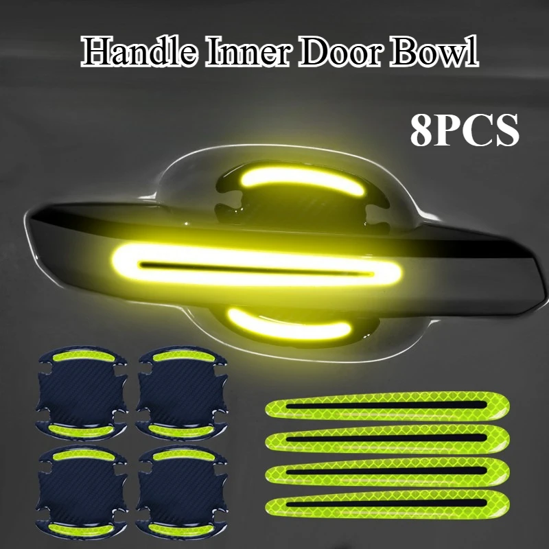 8 General-Purpose 3D Carbon Fiber Car Door Handle Stickers Scratch-Resistant Stickers Car Safety Reflective Strip Car Stickers
