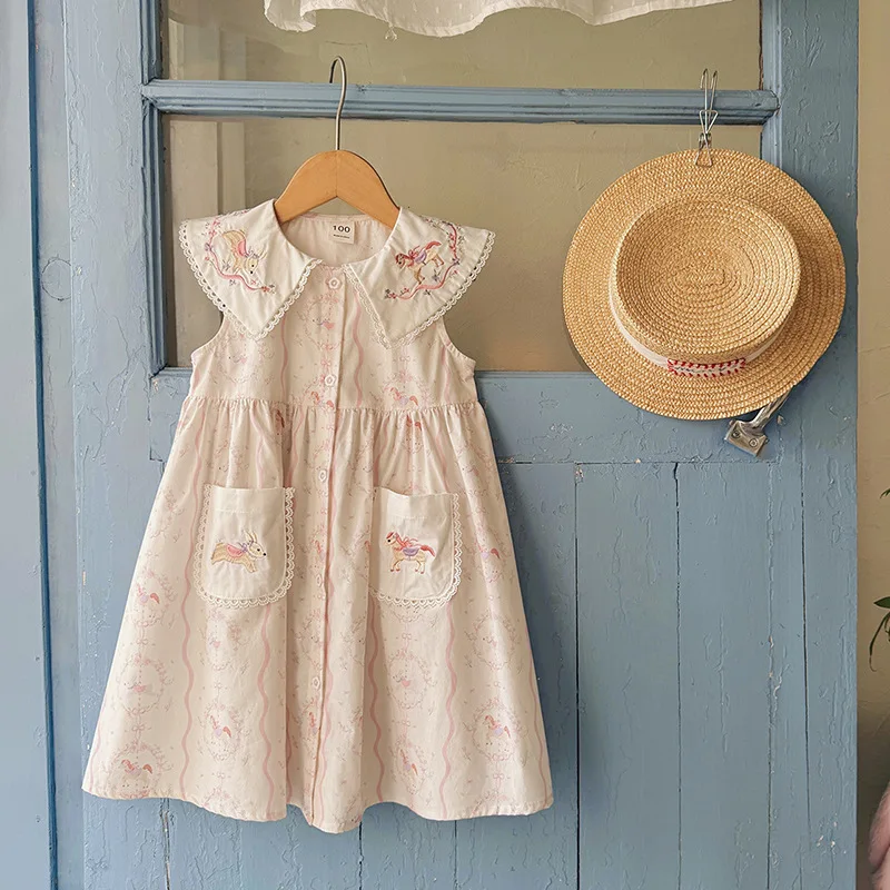 Kids Clothes French Style Embroidered Collar Girls Dress Summer 2026 Floral Lace Sleeveless Children's Skirt Export Version