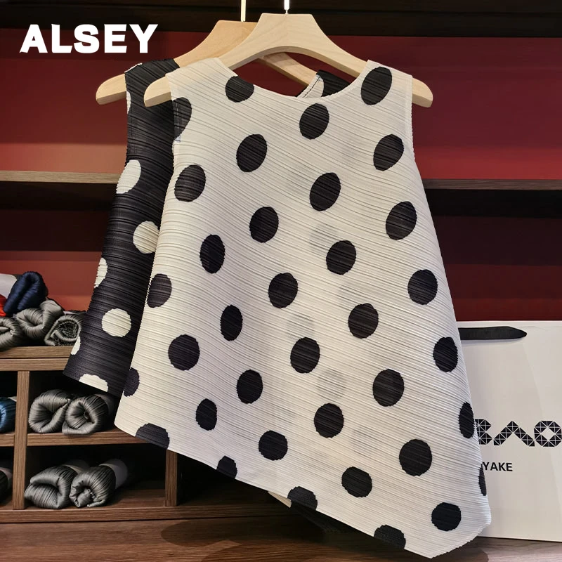 ALSEY Miyake Pleated Polka Dot Printed Sleeveless Round Neck Women Tops Fashion Versatile Plus Size Slim Irregular Vest T-Shirt