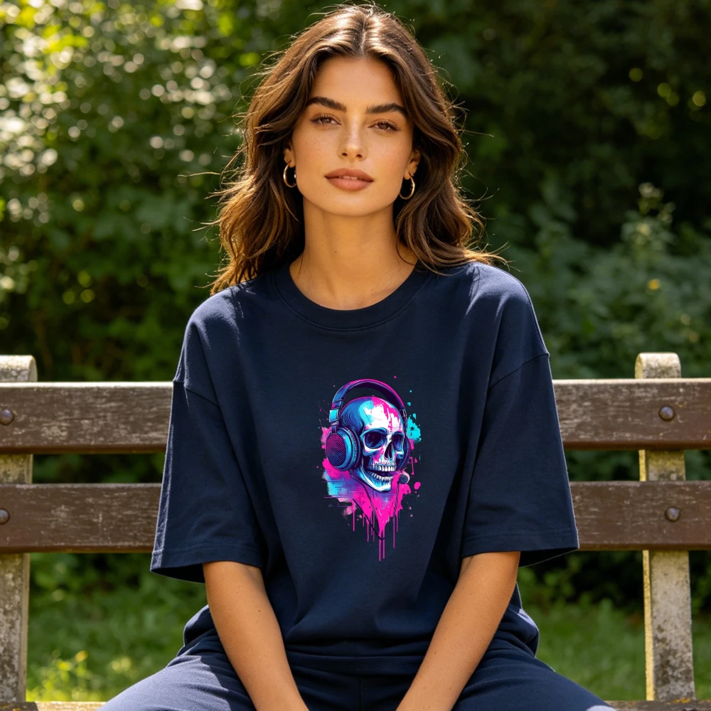 Neon Skull Headphone Splash Graffiti Graphic Women Summer Cotton T Shirt Music Punk Street Trend Short Sleeve Casual Top