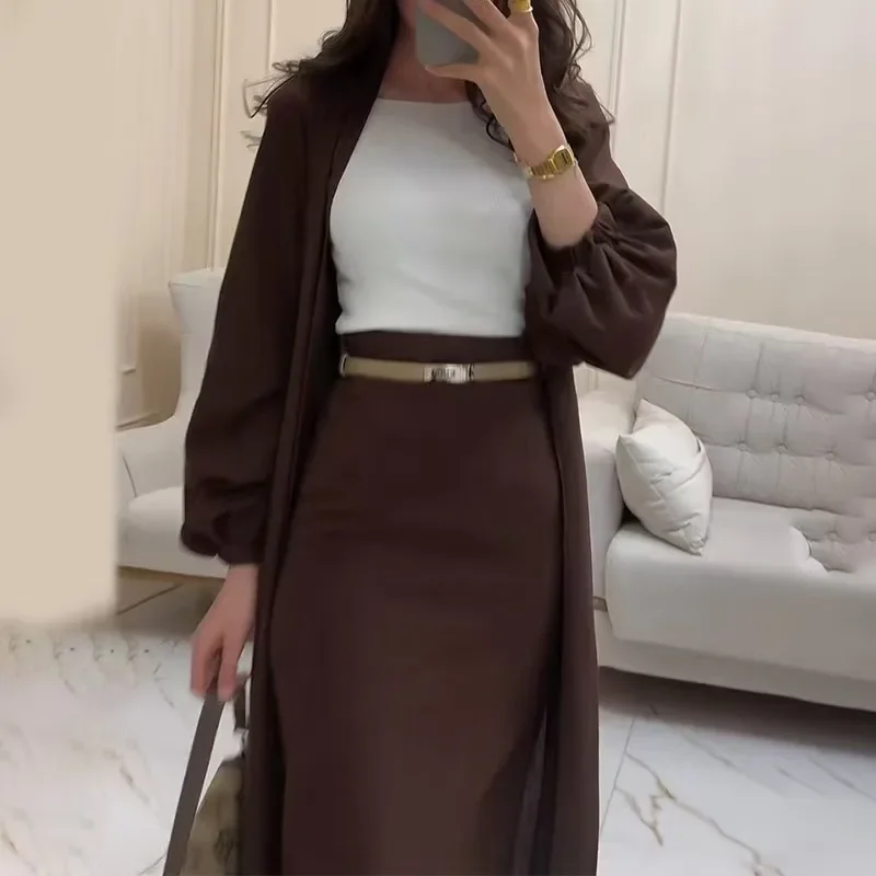 أنيقة الصلبة سترة طويلة تنورة قطعتين مجموعة النساء خمر مزاجه المألوف التعادل متابعة حفلة عطلة مكتب الملابس 2025