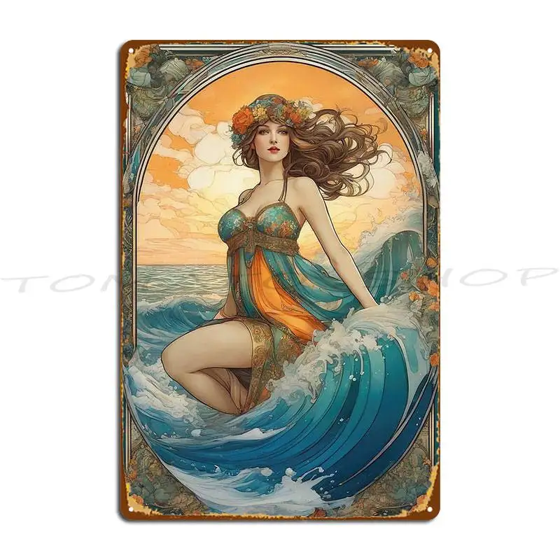 Woman On The Beach Sunset  Rising Out Of The Golden Sea Metal Signs Wall Cave Wall Decor Mural Party Customize  Tin Sign Poster