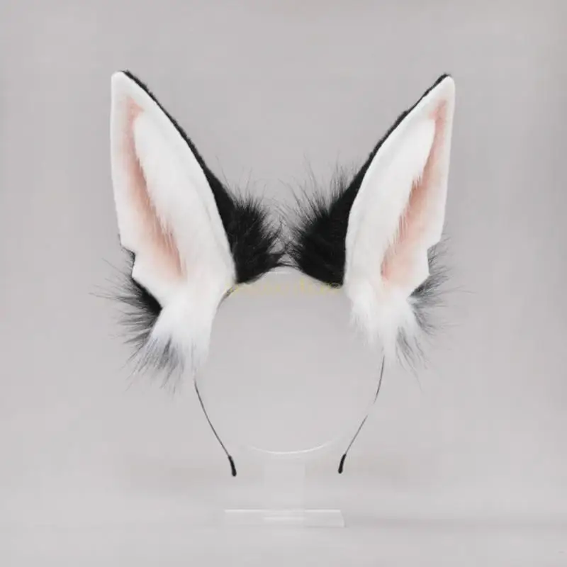 

31BF Cosplay Furry Animal Wolf Ears Hair Hoop Tail Set Costume Long Fur Headpiece for Halloween Party Decoration