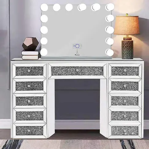 طاولة زينة على الحائط من الزجاج الماسي الأوروبي، طاولة زينة لغرفة النوم، تخزين خزانة متعددة الوظائف #4