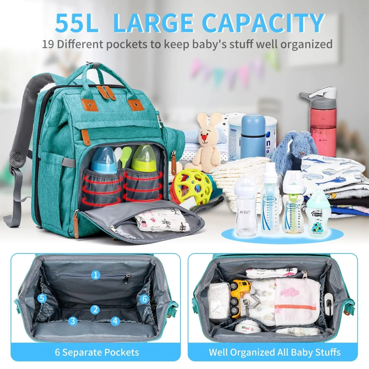 Bolsas de pañales para bebés con cambiador, mochila impermeable de gran capacidad para pañales para mamás y papás con puerto de carga USB y correas para cochecito, regalos para baby shower, rosa, verde, azul