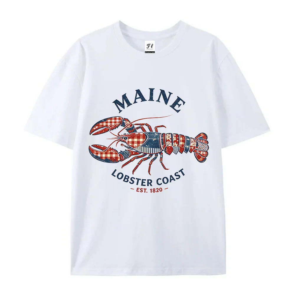 Men T Shirt Maine Lobster Coast Graphic Letter Print White Cotton Short Sleeve Vintage Coastal Casual Oversized Top