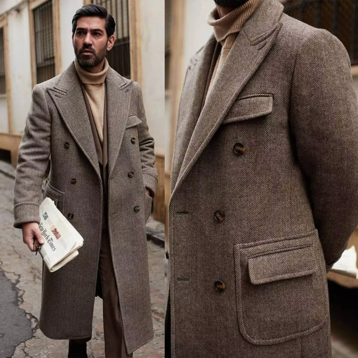 

Brown Men's Tweed Overcoat Blazer with Peaked Lapel Double Breasted Tuxedo Style Coat for Formal Occasions