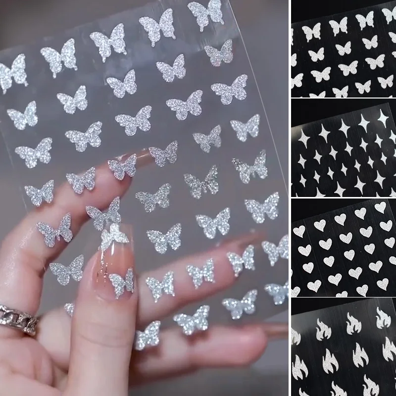 1PC Reflective Glitter 3D Nail Stickers Silver Powder Butterfly Star Design Laser Love Heart Foils Sparkly Decoration Manicures