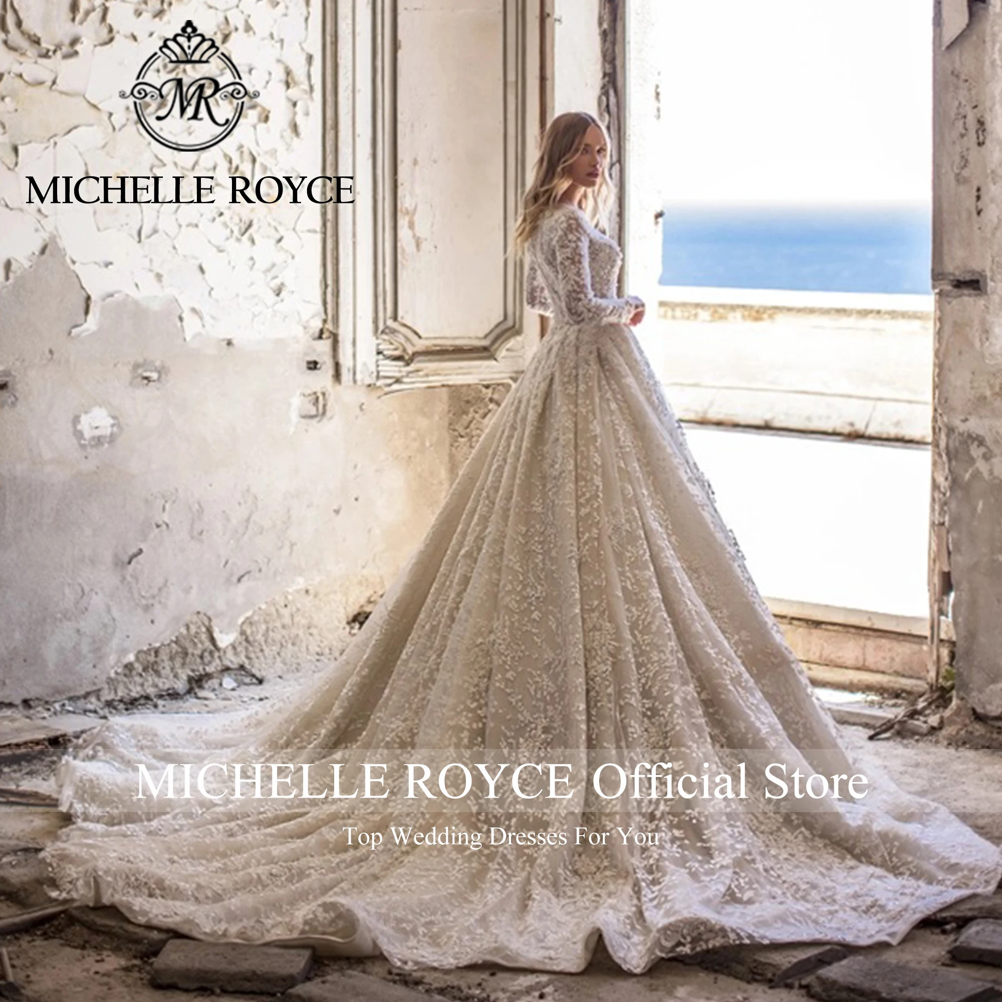 Michelle Royce Ball Gown V-neck Wedding Dress For Women 2024 Bride Long Sleeve Chapel Train Classy Wedding Gown Vestido De Novia