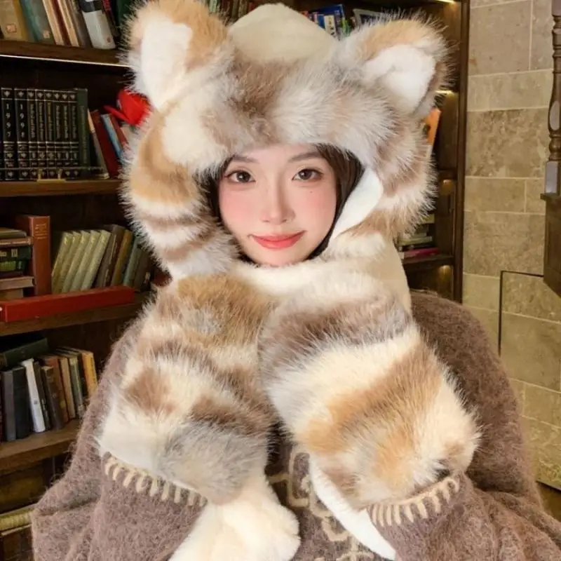 Three-in-one hat Winter Women's Plus Hat Scarf Gloves One-piece Hooded Cute comfort Warm PlushThree-piece Suit To Prevent Cold