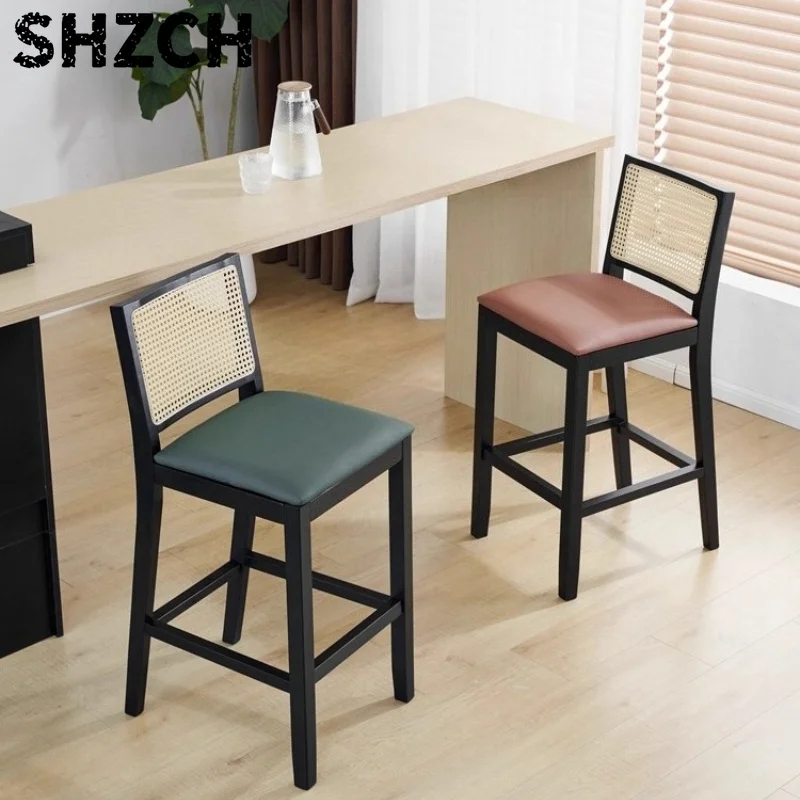 Nordic Bar Stools with Rattan Backrest Solid Wood Counter Height Foot Chairs Modern Weave Bar Chairs Minimalist Home Furniture