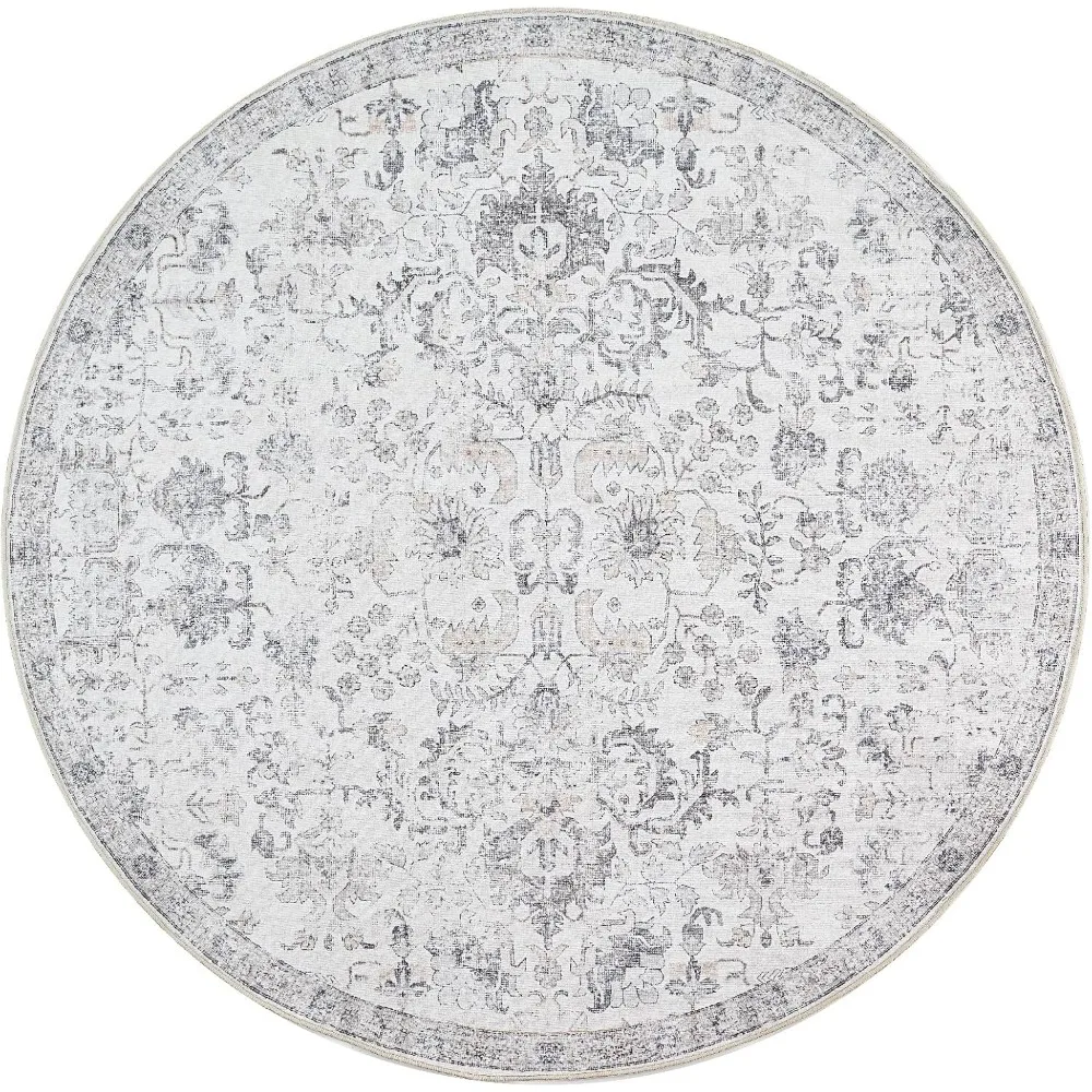 

jinchan Round Rug 7ft Area Rug Washable Vintage Indoor Retro Floor Cover Distressed Gray Floral 7' Round Circle Boho Non Slip Th