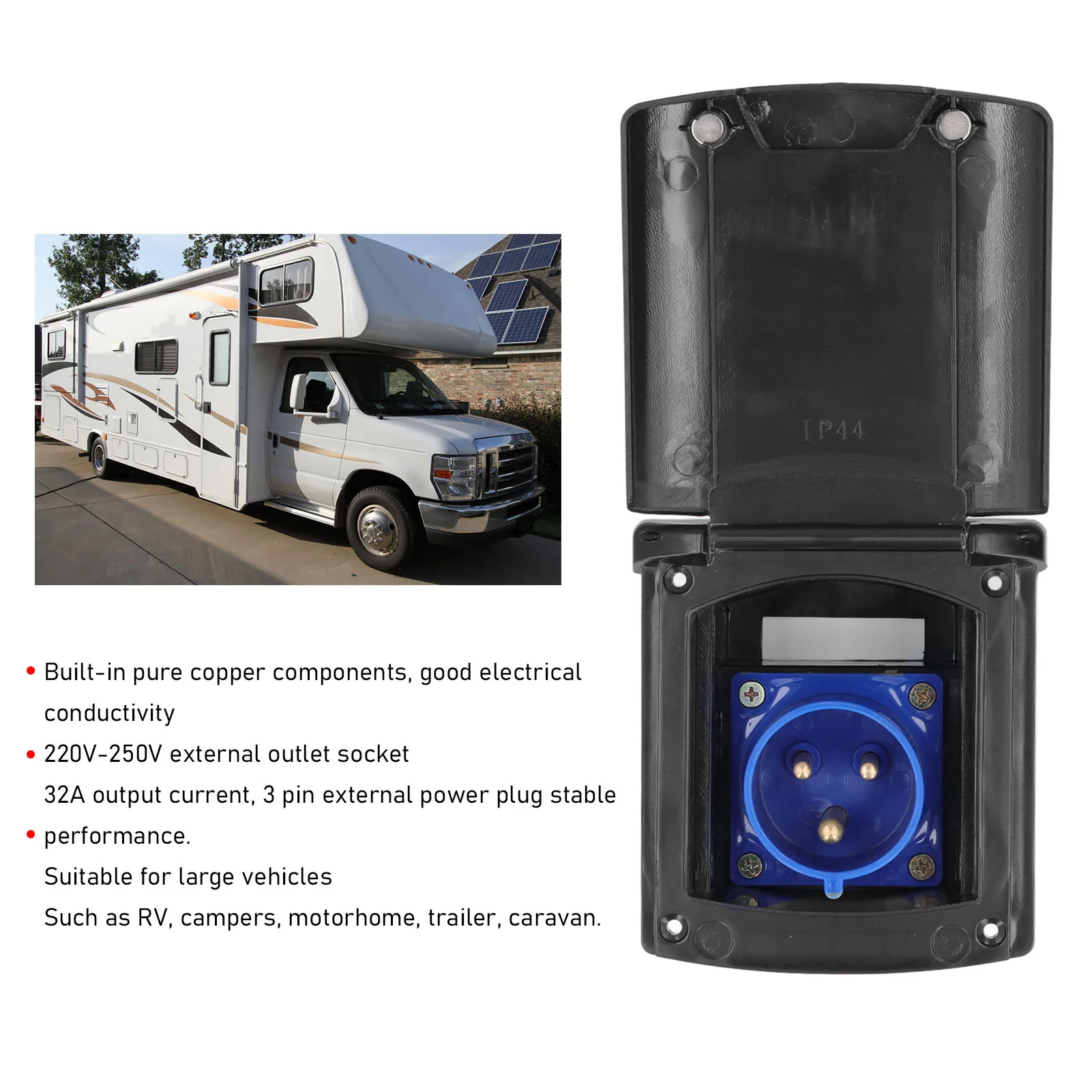 32A 220V‑250V RV External Power Outlet Box 3 Pin Plug Socket Waterproof Embedded Mounting for Campers Trailer 32A Port Plug
