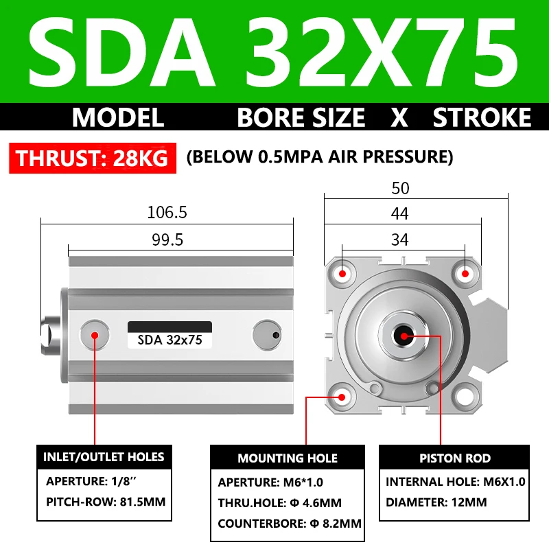 ABILKEEN SDA32X75 SDA Series Thin Air Cylinder 32MM Female Thread Bore X 75MM Stroke Double Acting Pneumatic Compact Cylinder